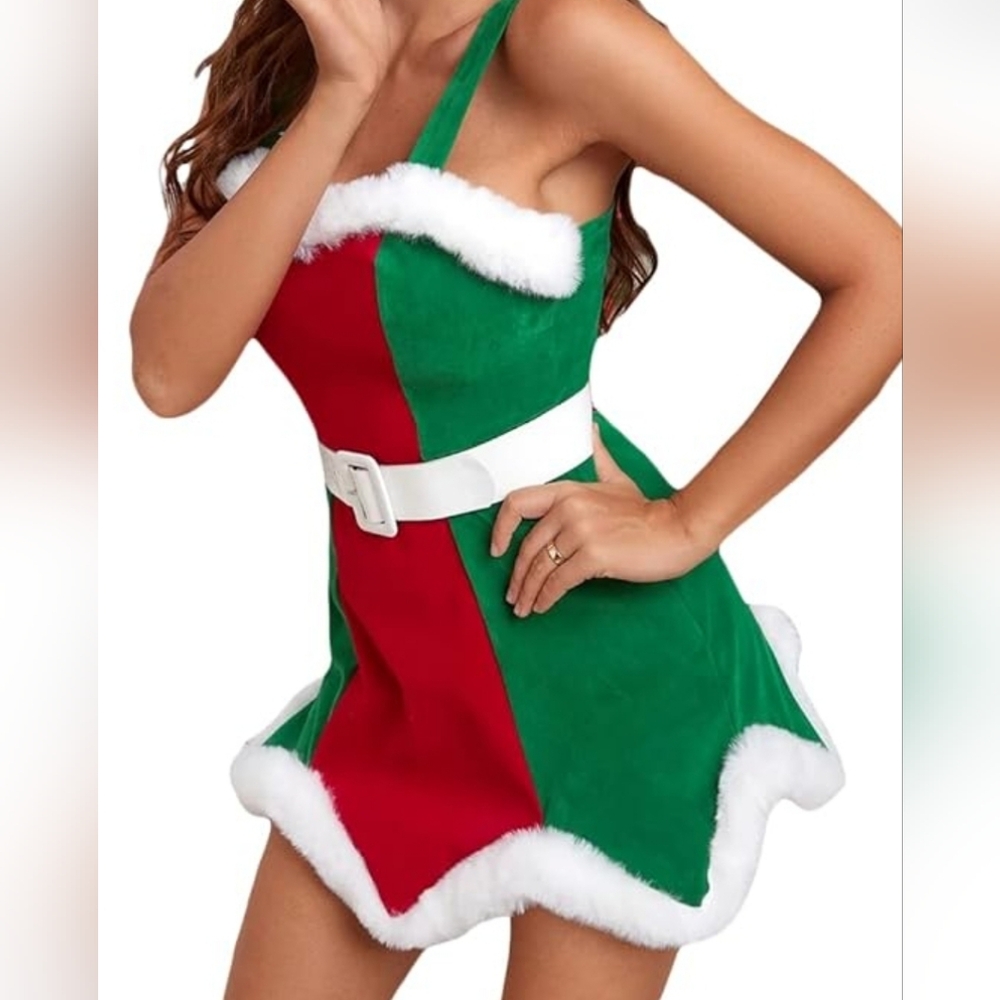 Vohawsa Women Christmas Costume Dress Sexy Santa Sleeveless Flurry Dress NWOT
